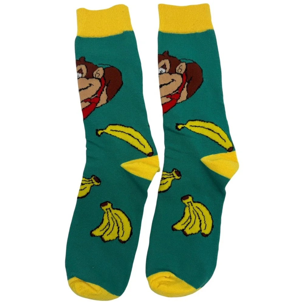 Donkey Kong Banana Themed Crew Socks Green Yellow Adult‎ Size One Size